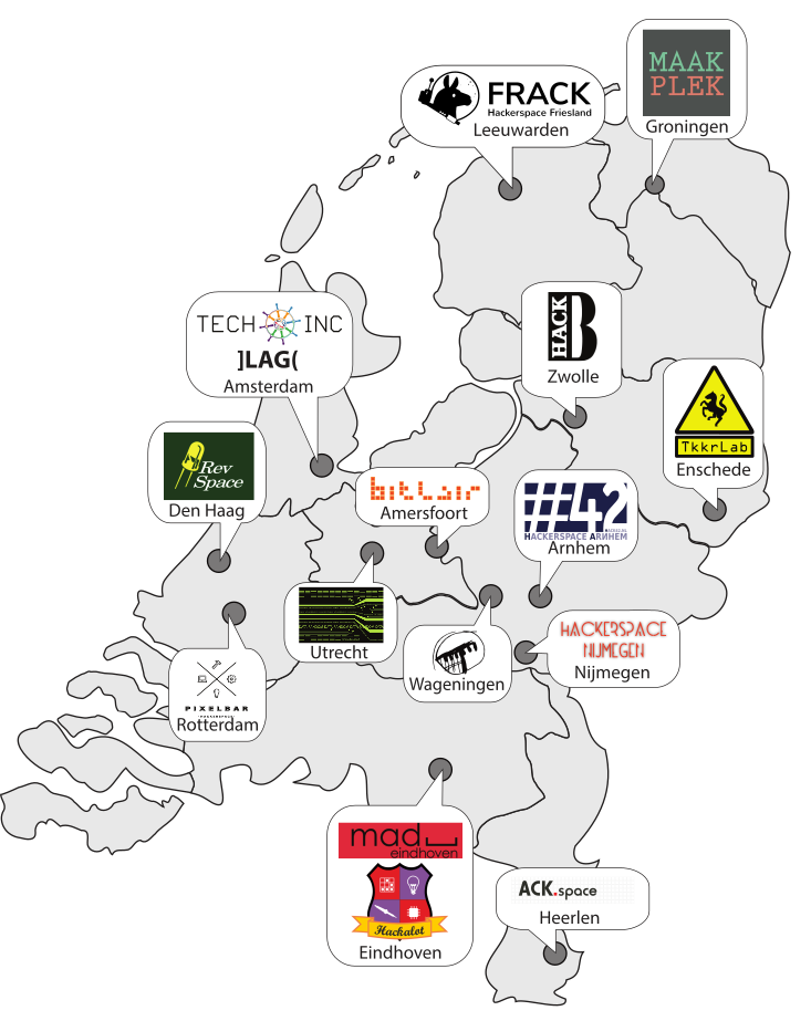 Hackerspaces nederland kaart.png