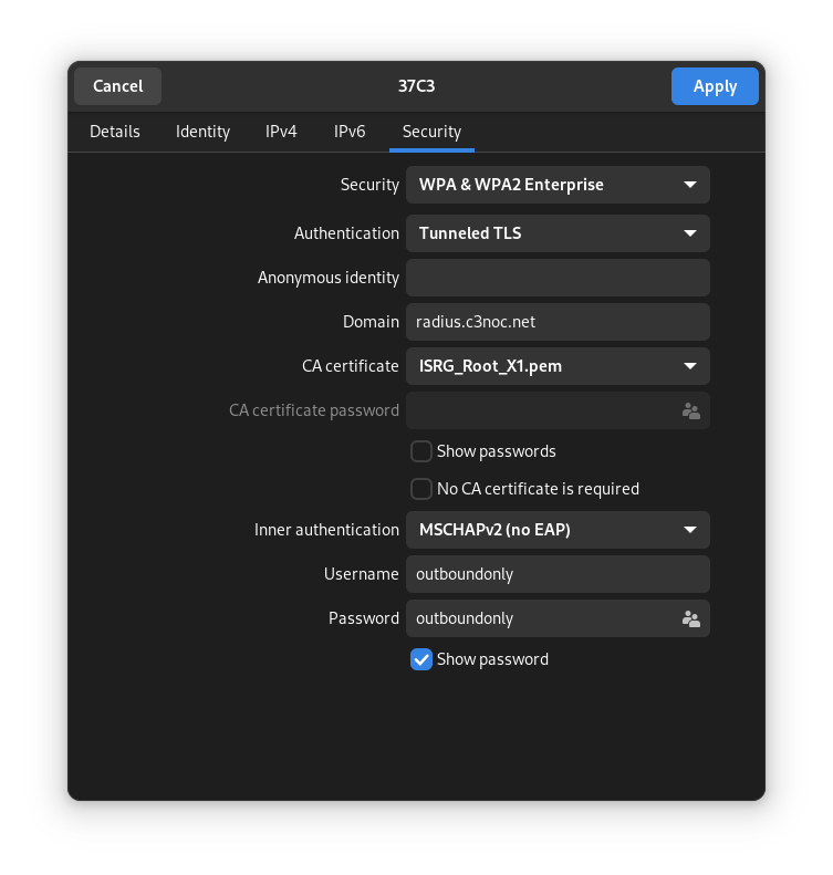 Window titled 40C3, showing the "Security" tab with options as listed below