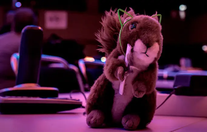 Ein braunes Stofftier-Eichhörnchen sitzt auf einem Assembly-Tisch beim Congress. Es trägt grüne 3D-gedruckte Katzenohren und hält ein Papierröllchen in der Hand. Im Hintergrund sind Telefone und sitzende Menschen zu erkennen.