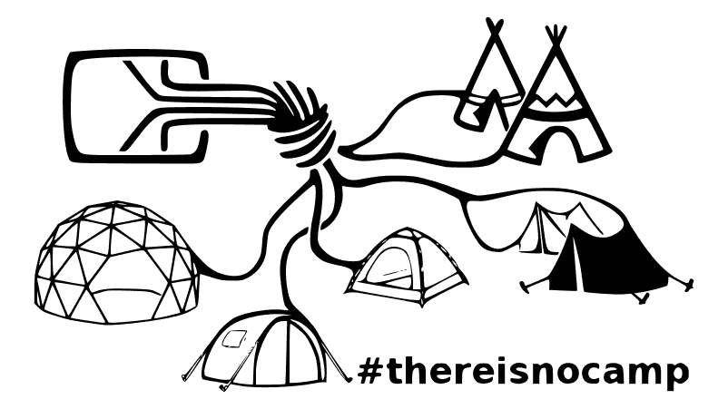 Banner of ChaosZeltZone, originally from thereisnocamp and dc3 events showing Chaosknoten wiring a bunch of tents to stay connected.