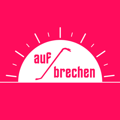 Logo der Datenspuren 2026. Eine stilisierte aufgehende Sonne, eine halbe Scheibe in weiß vor einem Himmel in Pink. Das Wort „aufbrechen“ ist auf der Sonnenscheibe zu lesen, zusammen mit der Silhuoette einer Brechstange.
