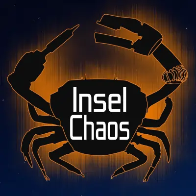 Logo des InselChaos 2026, eine schwarze mechanische Krabbe, mit Lötkolben und Klemme als Scheren, auf dunkelblauem Hintergrund. In der Mitte des Körpers steht "InselChaos", die Silhoutte der Krabbe ist durch ein orangene Verzerrungen verstärkt.