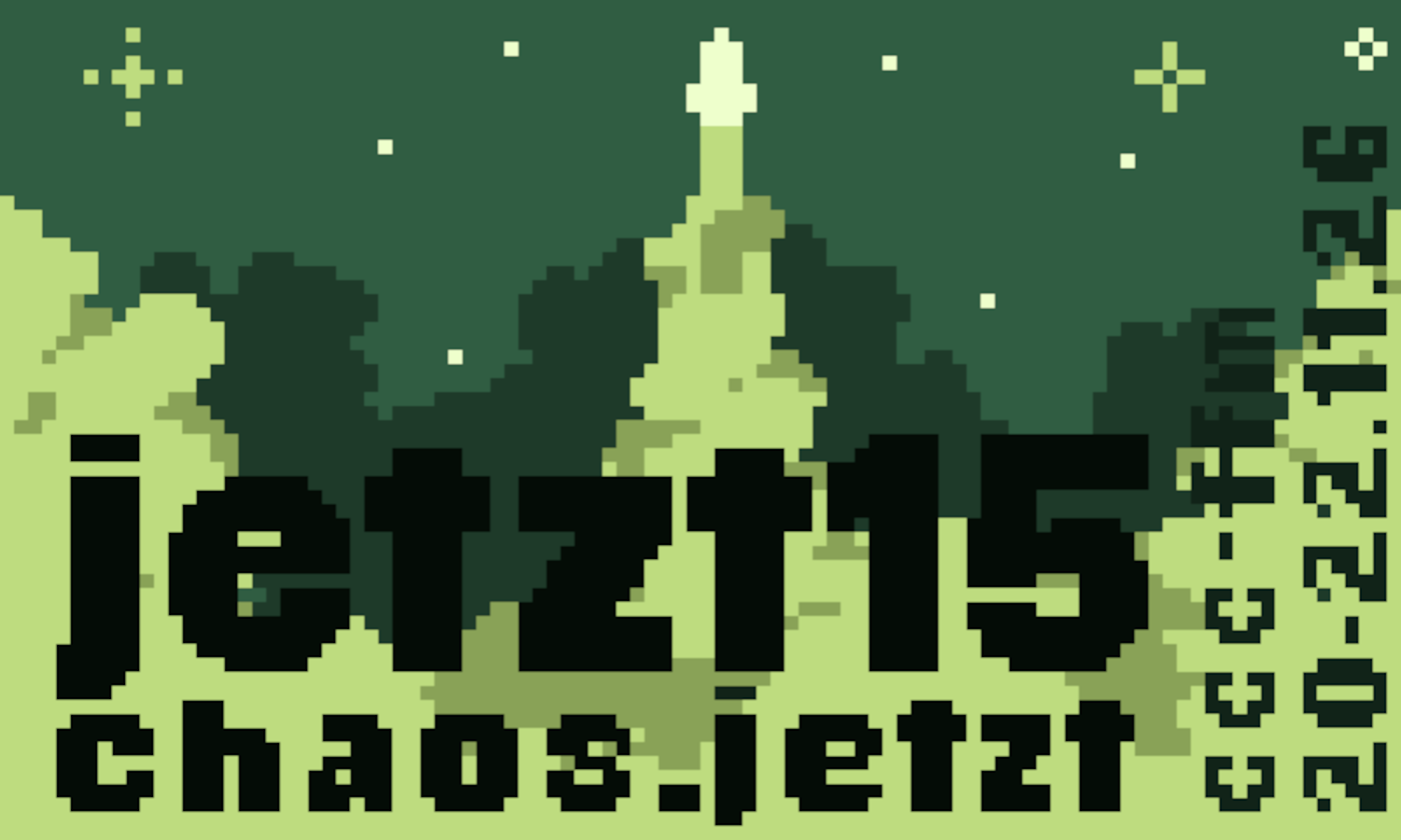 Pixelart Rakete beim Start, deren Rauchfahne sich zu den Bildrändern ausbreitet. Am Himmel sind Sterne zu sehen. Mit dem Schriftzug jetzt15 chaos.jetzt ccc-ffm 20.-22.11.2026. Das Bild ist in Grüntönen gehalten