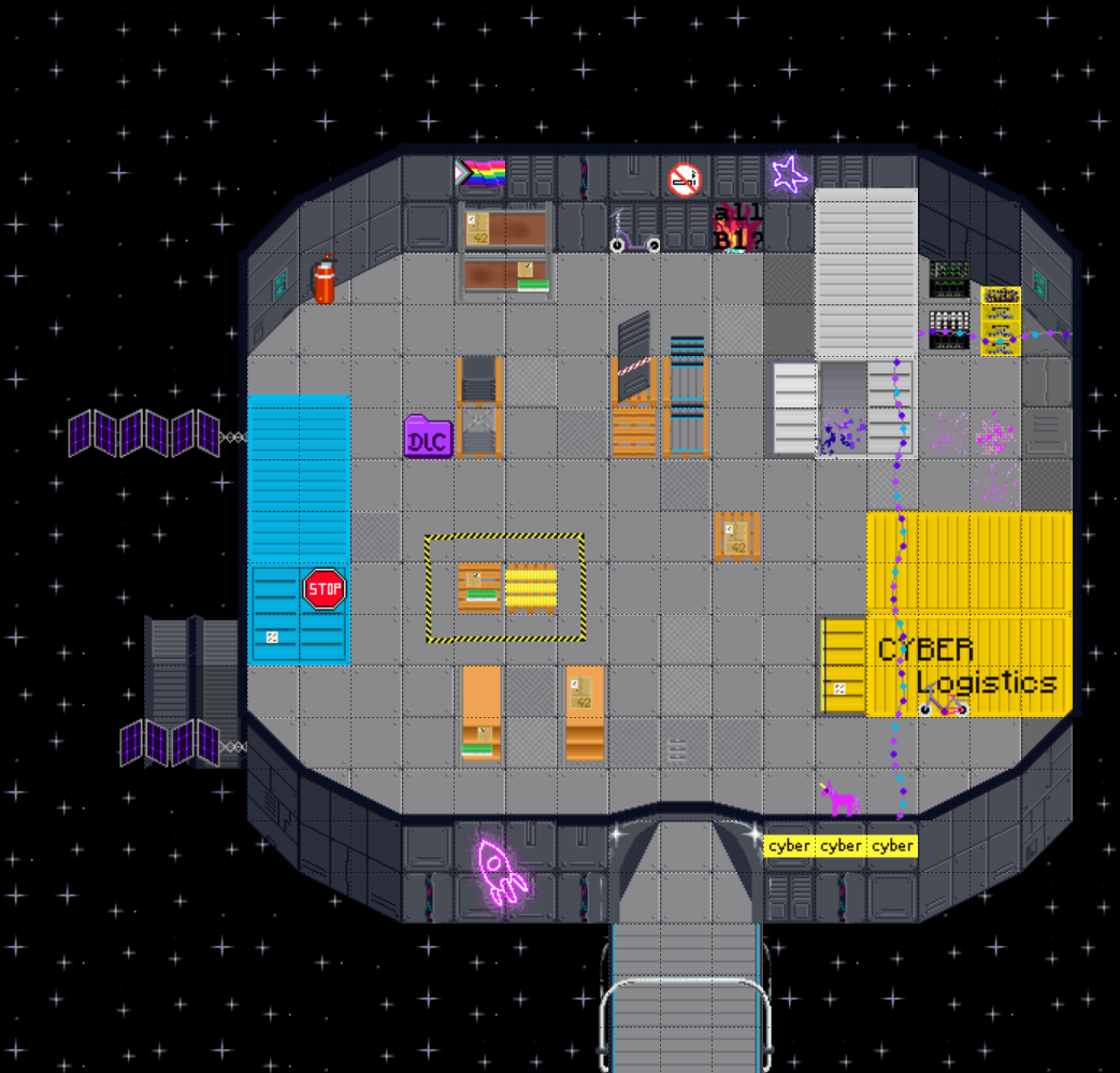 Space station room with logistics containers and buildup material